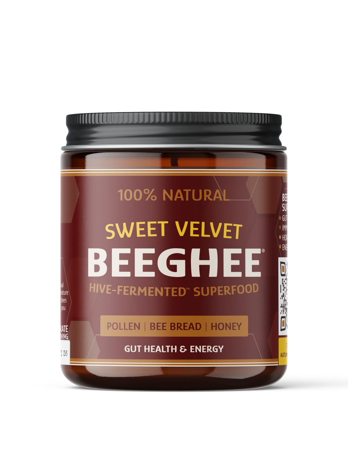 BEEGHEE Live Probiotic Bee Bread jar shows creamy texture and living cultures for gut health.