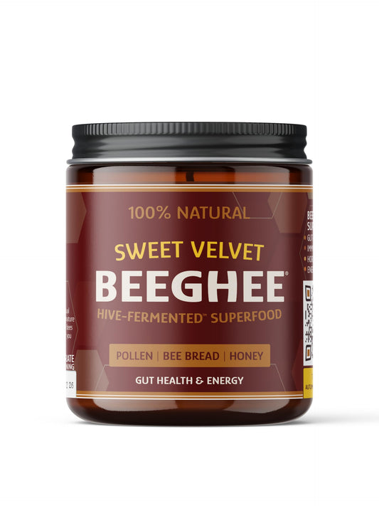 BEEGHEE Live Probiotic Bee Bread jar shows creamy texture and living cultures for gut health.