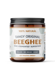 BEEGHEE Live Probiotic Bee Bread jar on shelf highlights living cultures for gut health.