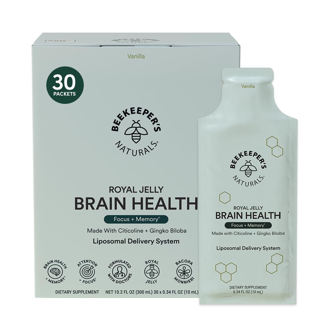 Beekeeper's Naturals brain health liposomal packets for faster nutrient absorption and focus support.