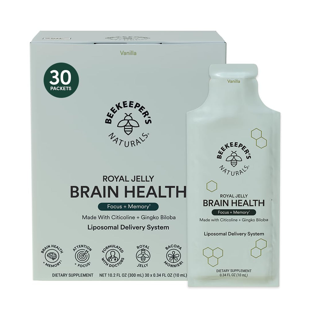 Beekeeper's Naturals brain health liposomal packets for faster nutrient absorption and focus support.