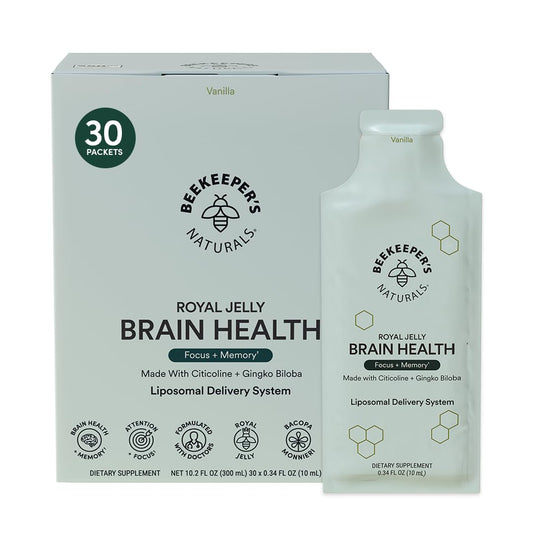 Beekeeper's Naturals brain health liposomal packets for faster nutrient absorption and focus support.