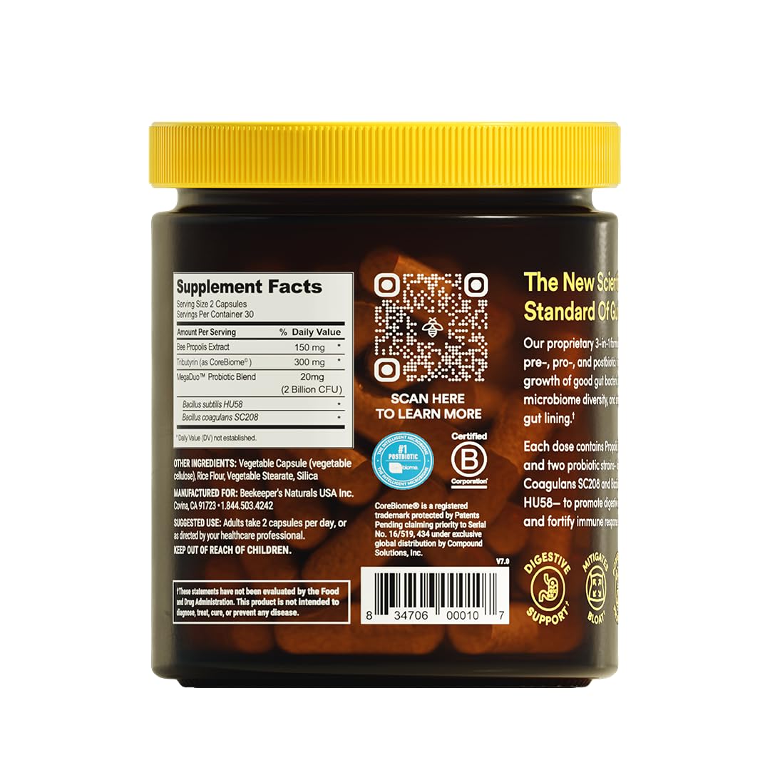 Close-up of Beekeeper’s Naturals Complete Gut Health capsules for daily balance.