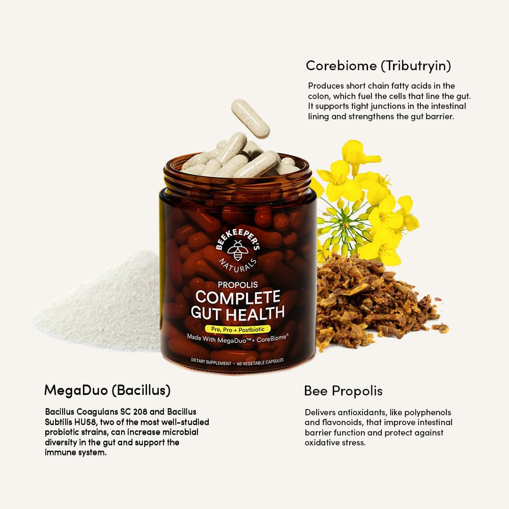 Beekeeper’s Naturals gluten-free vegan capsules for digestive-friendly daily use.