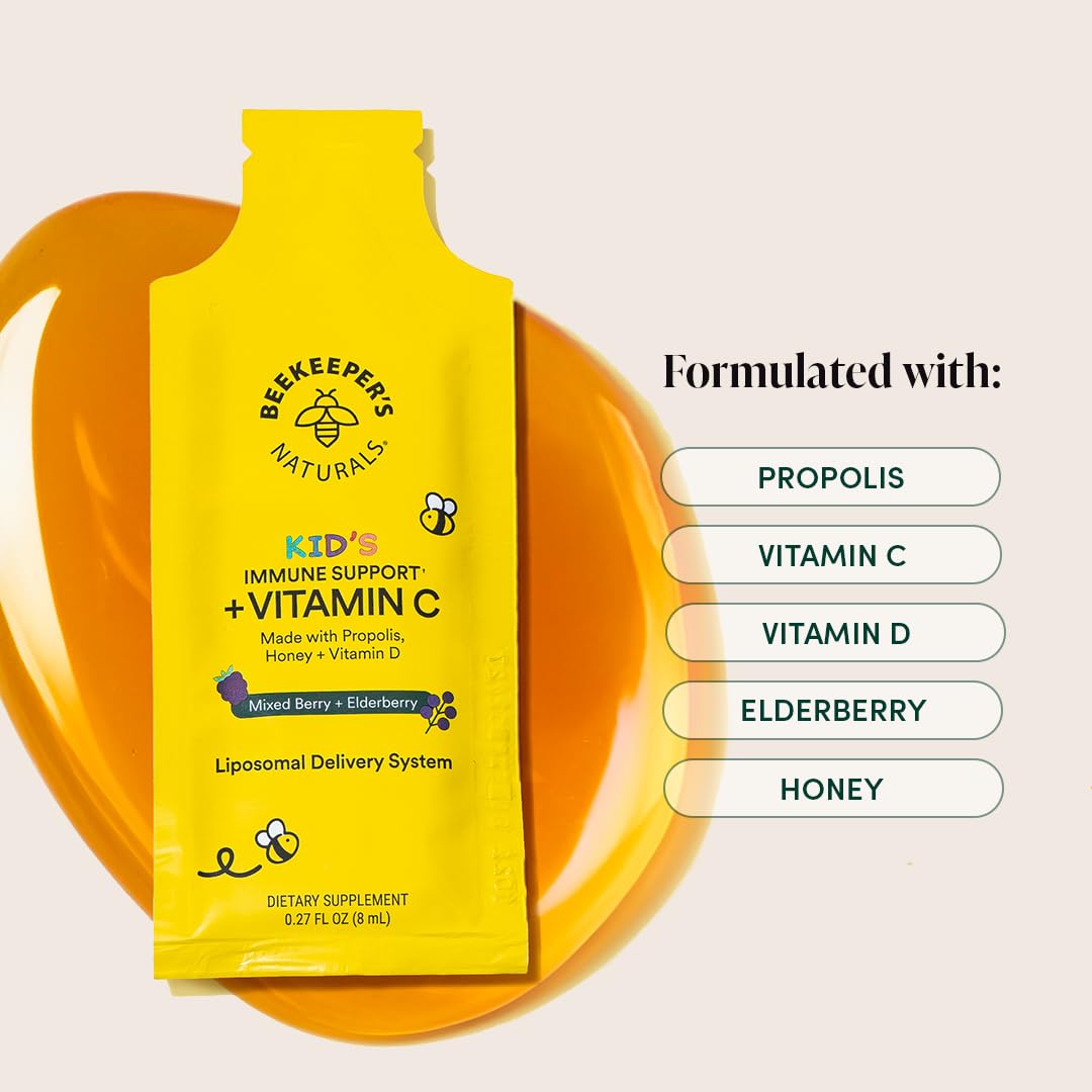 Beekeeper's Naturals Kid's Immune propolis honey blend tastes kid-friendly.