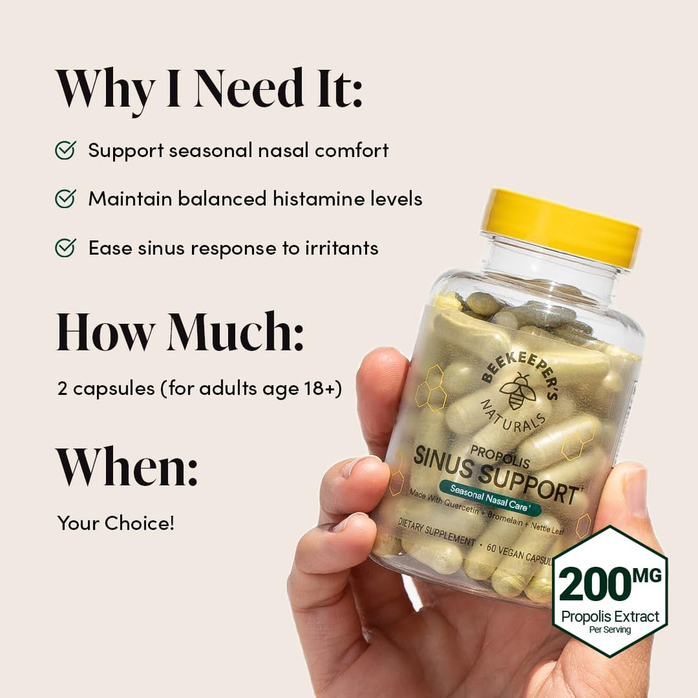 Beekeeper's Naturals nettle leaf blend capsules for seasonal comfort.