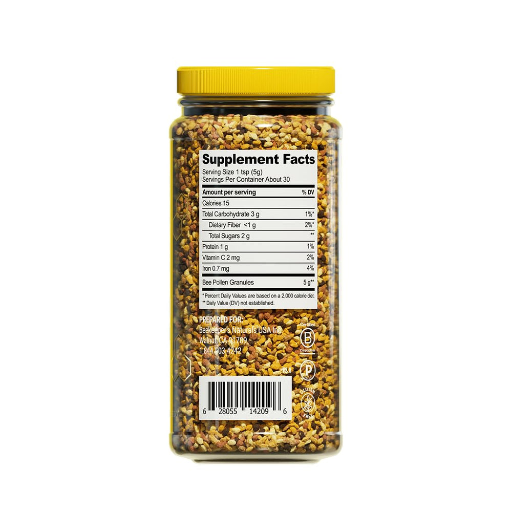 Beekeeper's Naturals raw bee pollen granules sprinkled over breakfast to boost nutrition