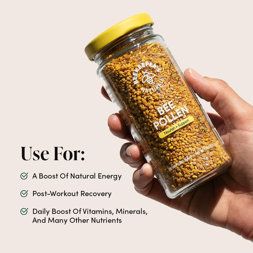 Beekeeper's Naturals pollen granules label shows gluten free, paleo and keto compatibility