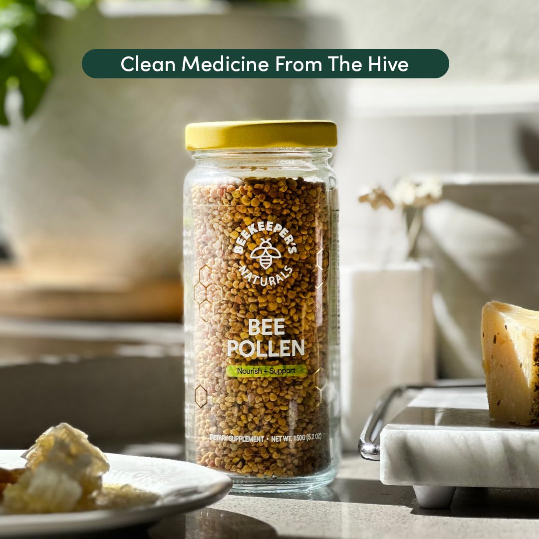 Beekeeper's Naturals bee pollen granules in a bowl support everyday protein and amino acids