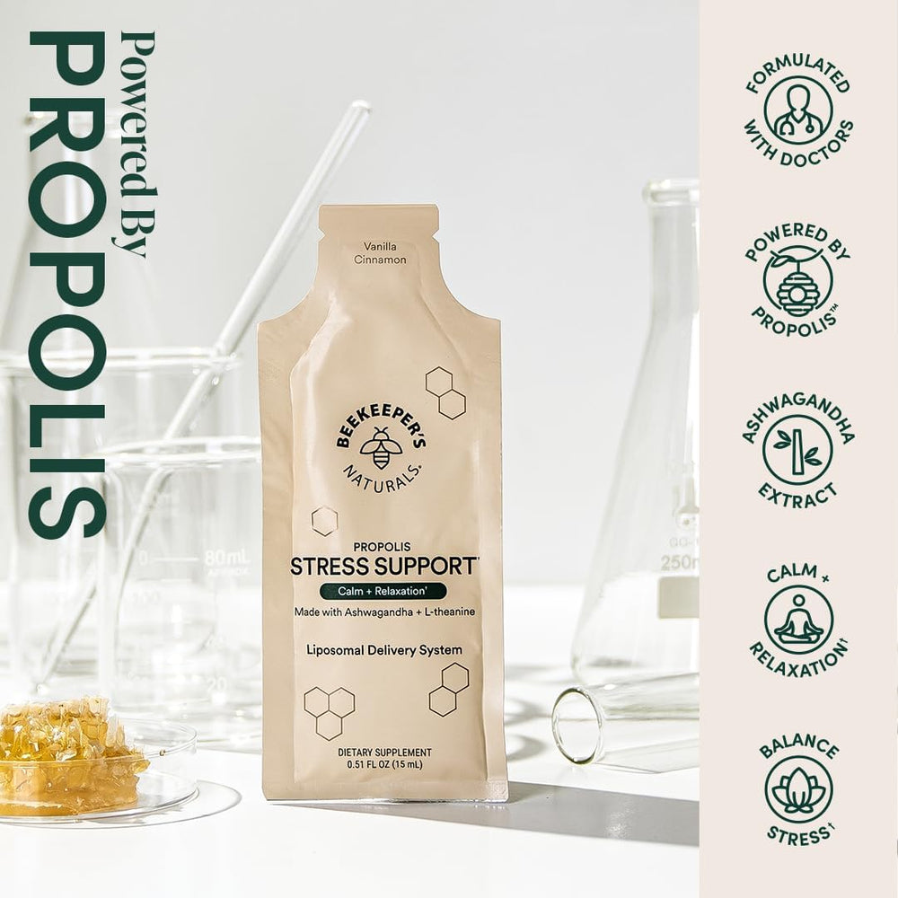 Beekeeper's Naturals propolis-ashwagandha-L-theanine blend is shown on the label.