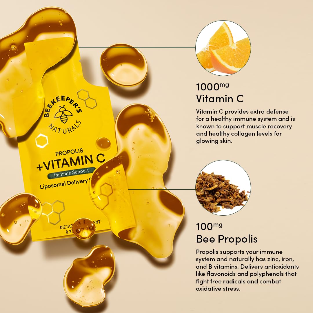 Beekeeper's Naturals liposomal vitamin C poured into a cold beverage for easy dosing.