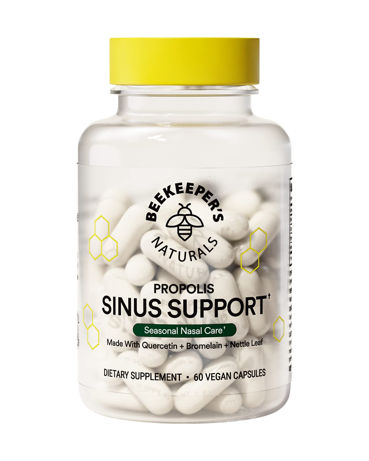 Beekeeper's Naturals sinus support capsules in bottle offering nasal comfort.