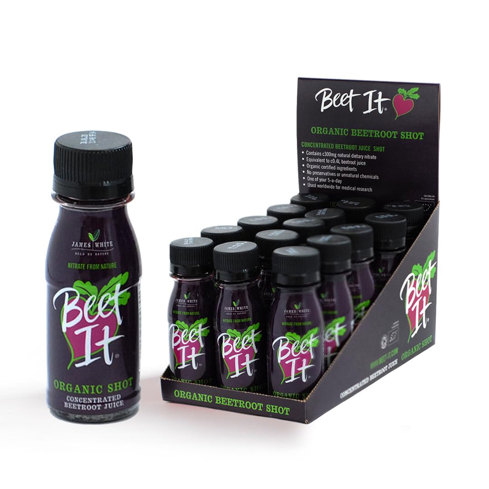 BEET IT Circulation shot bottle with label shows organic beet ingredients for natural support.