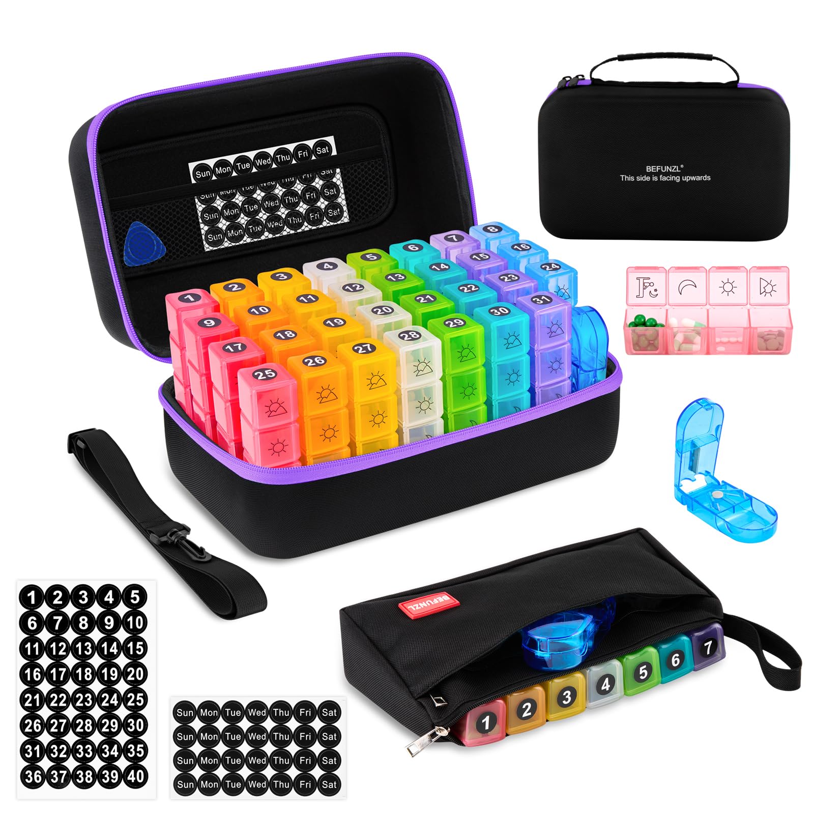 BEFUNZL monthly pill organizer in a purple hard-shell case for travel protection.