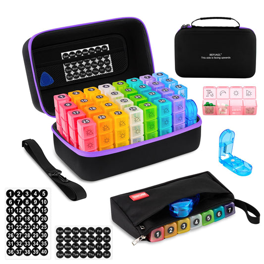BEFUNZL monthly pill organizer in a purple hard-shell case for travel protection.