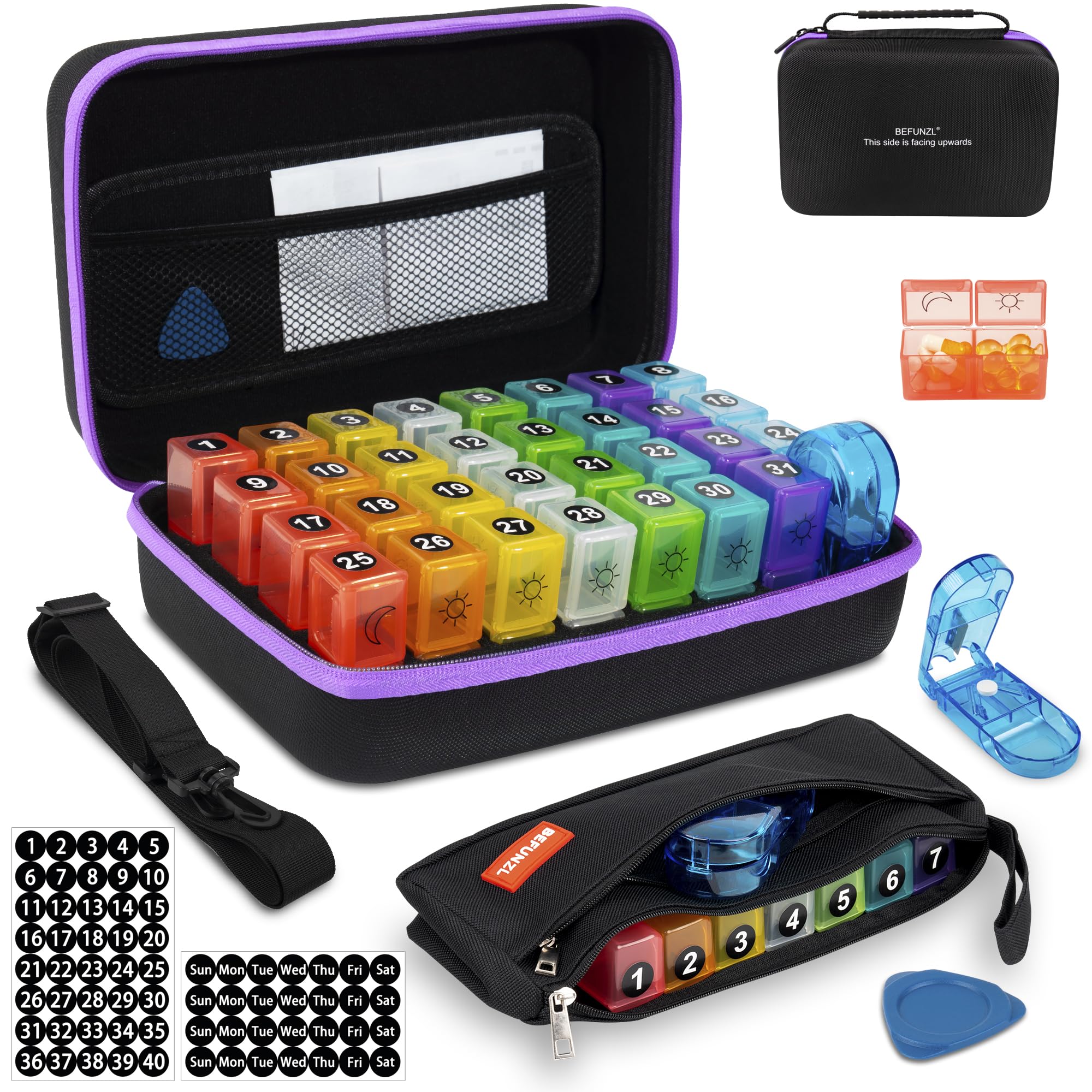 BEFUNZL monthly pill organizer in purple hard shell for travel storage.