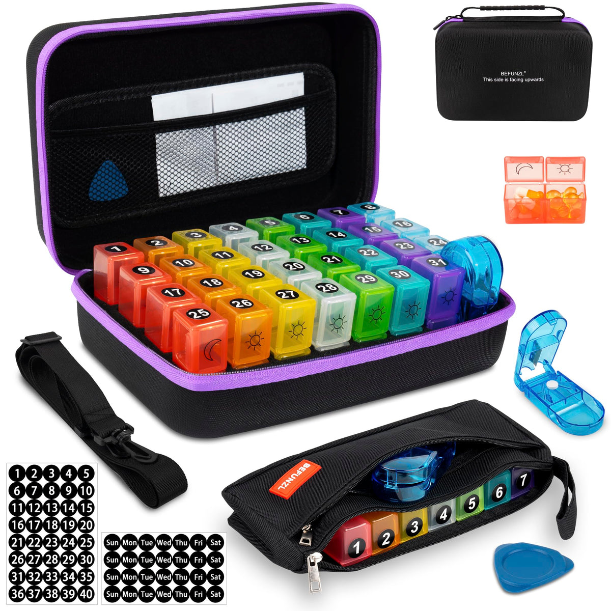 BEFUNZL monthly pill organizer in purple hard shell for travel storage.