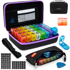 BEFUNZL monthly pill organizer in purple hard shell for travel storage.