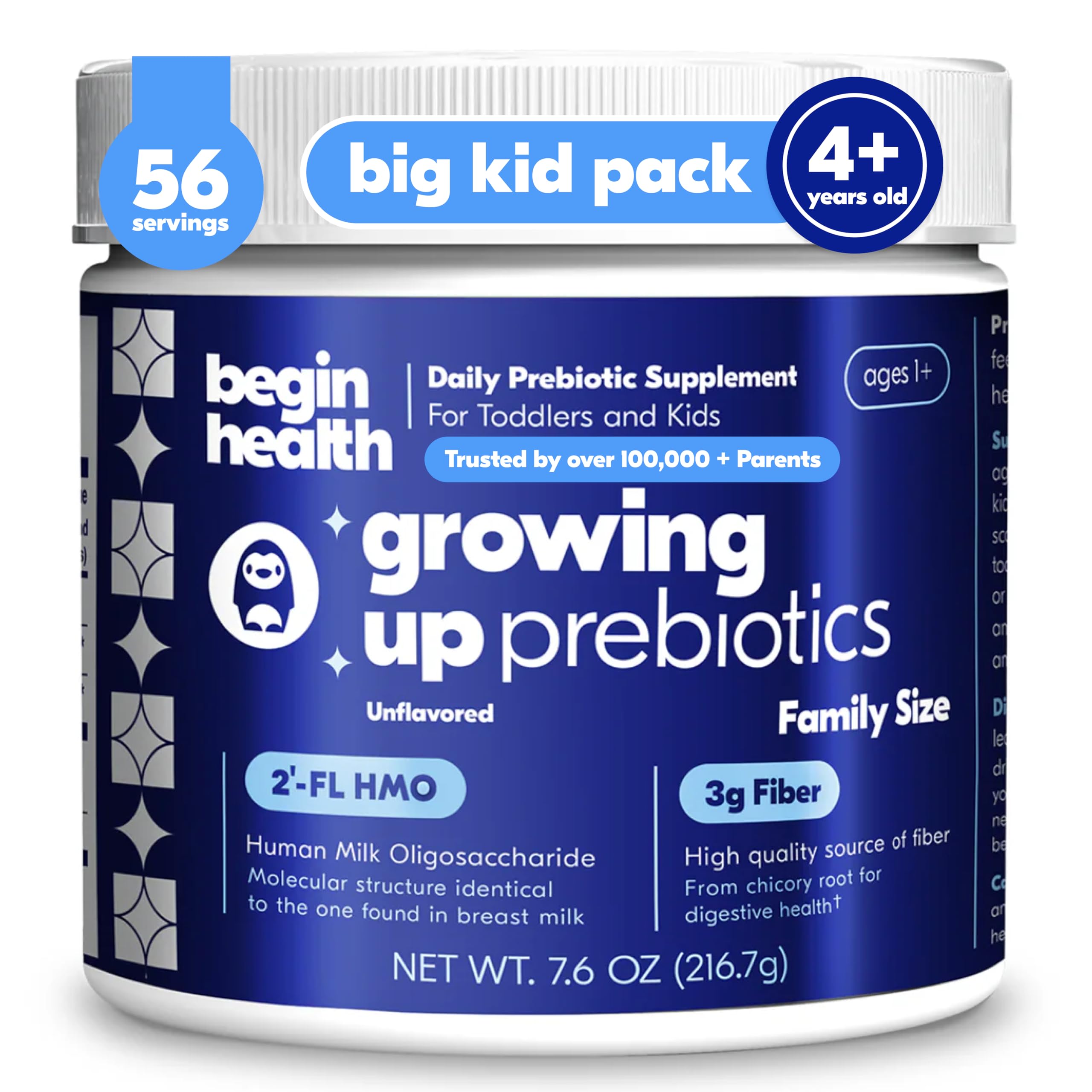 Begin Health Growing Up Prebiotics bottle pour demonstrates easy daily dosing for kids