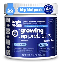 Begin Health Growing Up Prebiotics bottle pour demonstrates easy daily dosing for kids