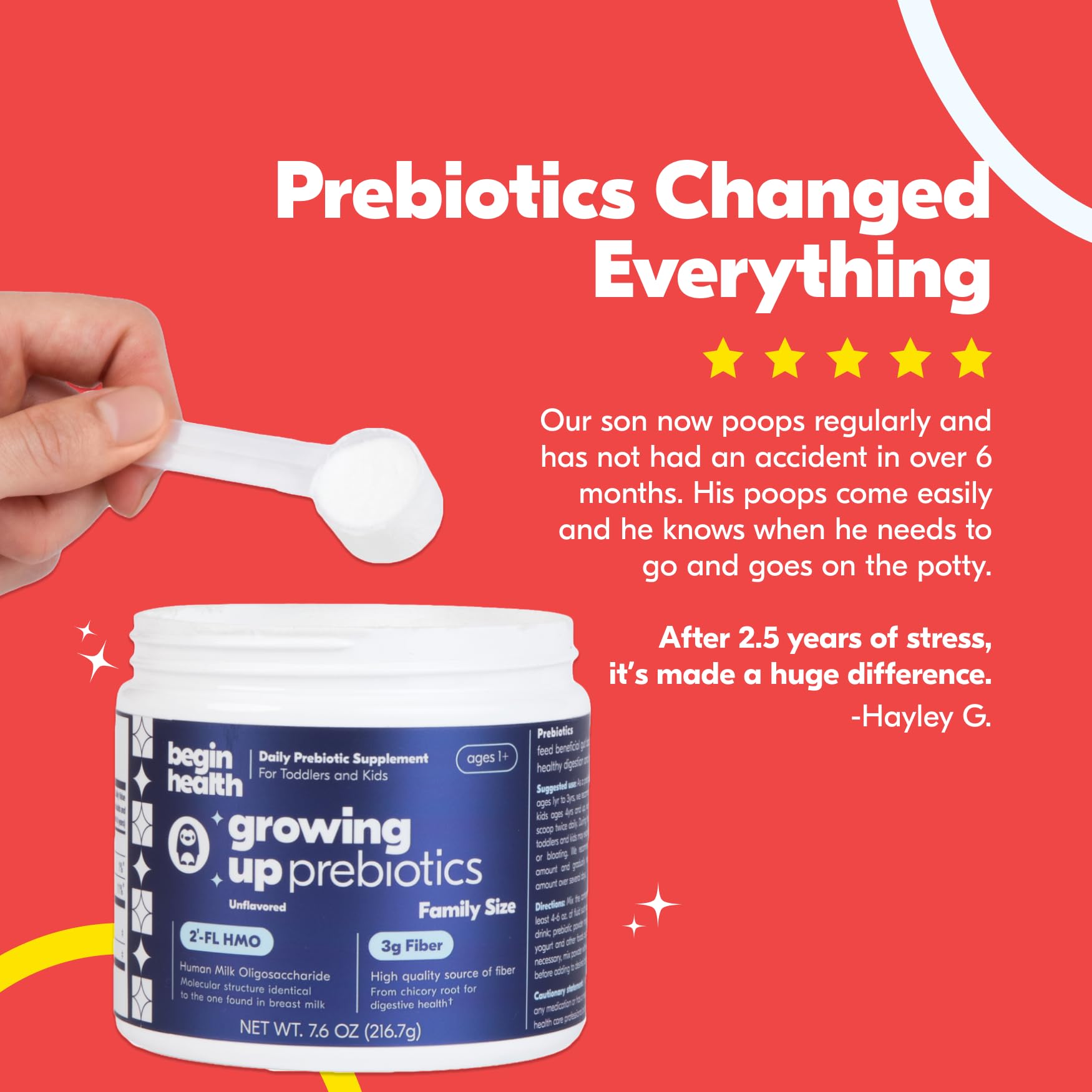 Begin Health Growing Up Prebiotics ingredient-list highlights 2’-FL and chicory fiber