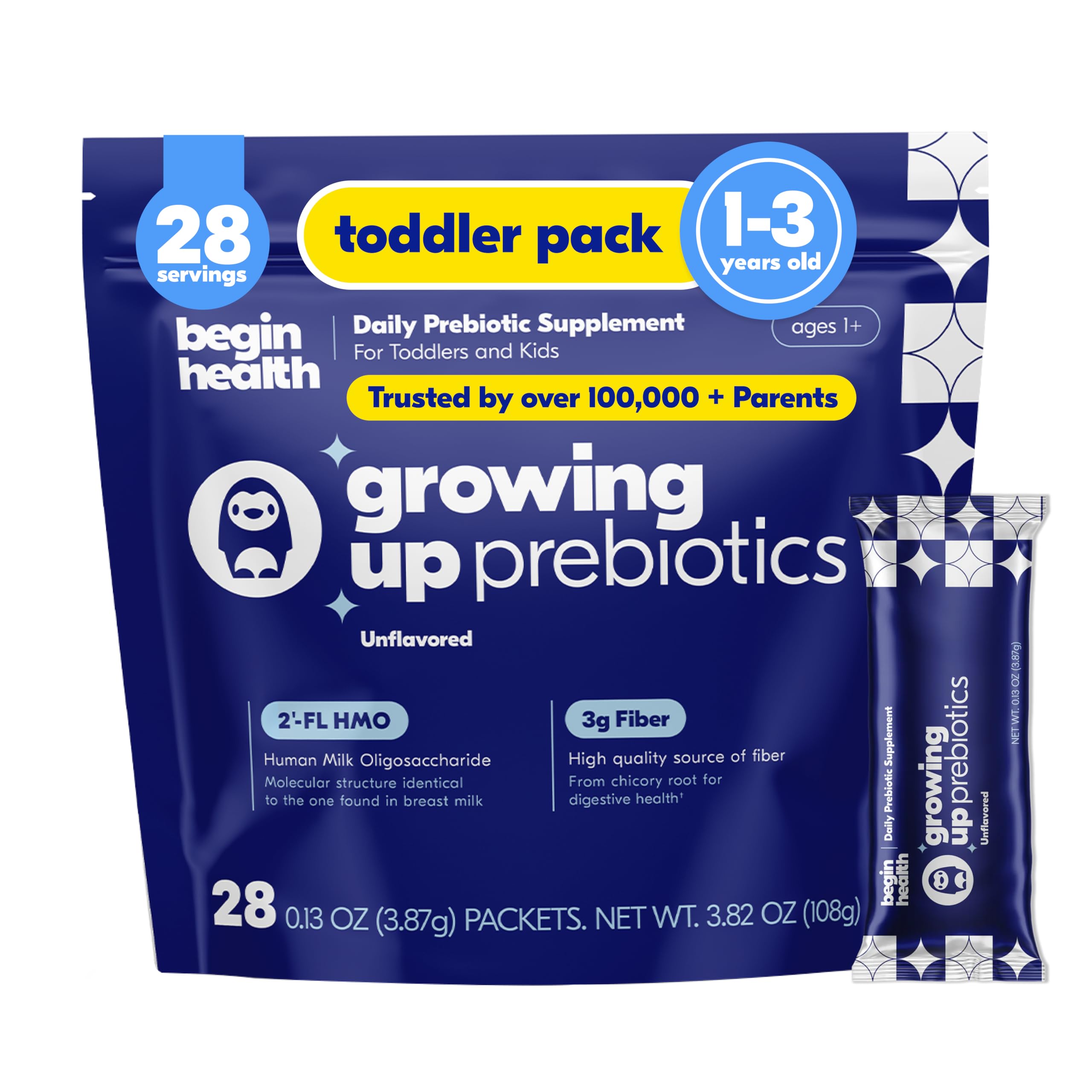 Begin Health Growing Up Prebiotics bottle for kids supports gentle digestion.