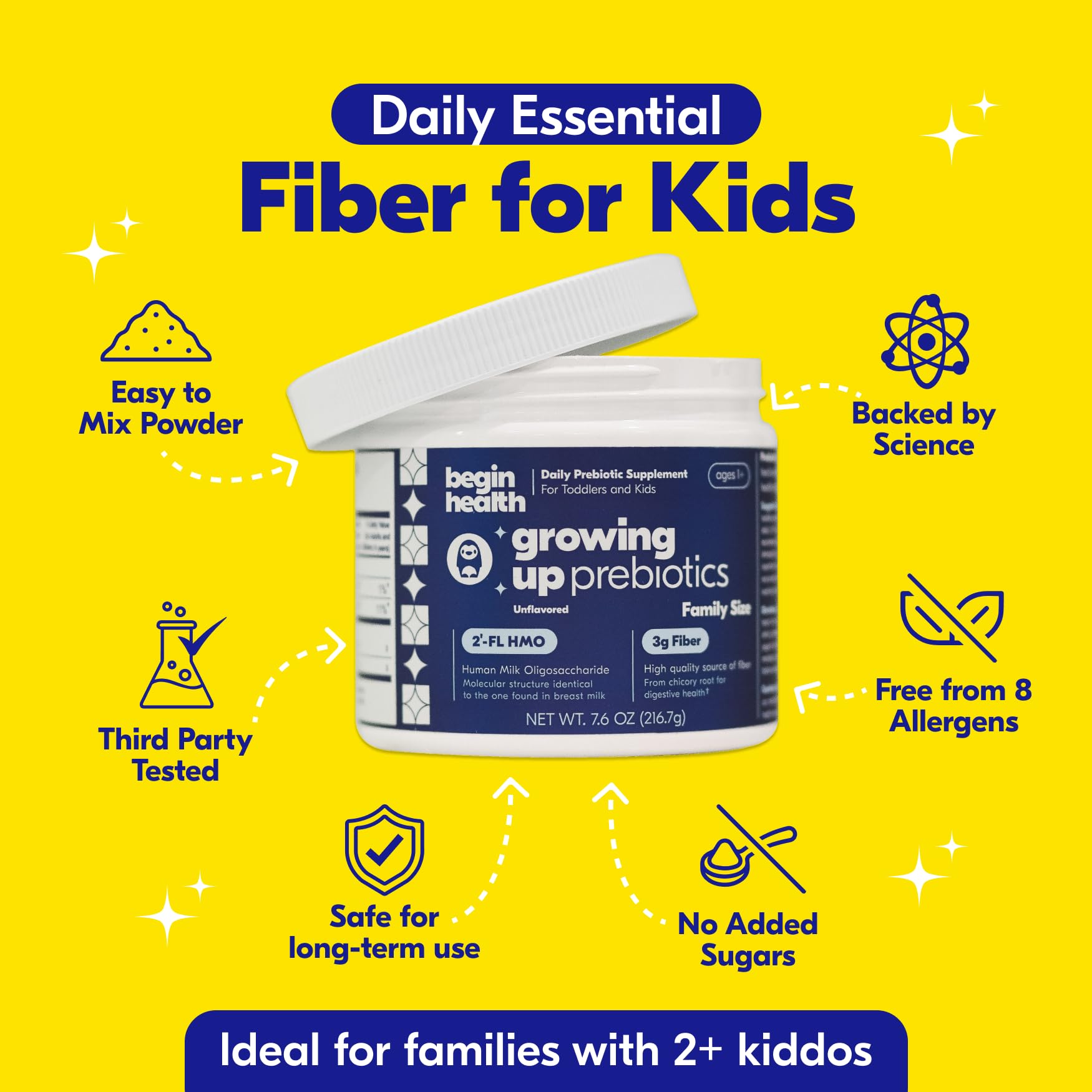 Begin Health Growing Up Prebiotics kids-drink-mix ready-to-use texture-free addition to beverages