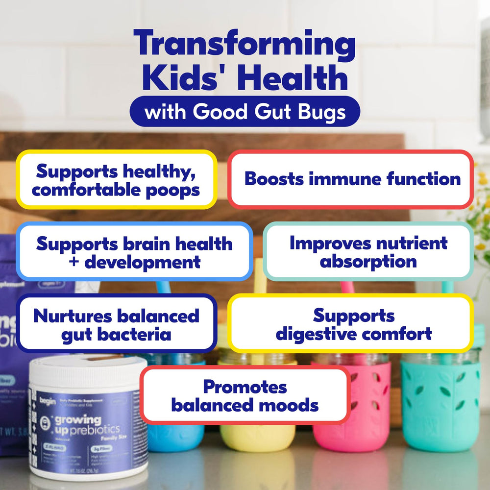 Begin Health Growing Up Prebiotics packaging-shot shows USA-made quality