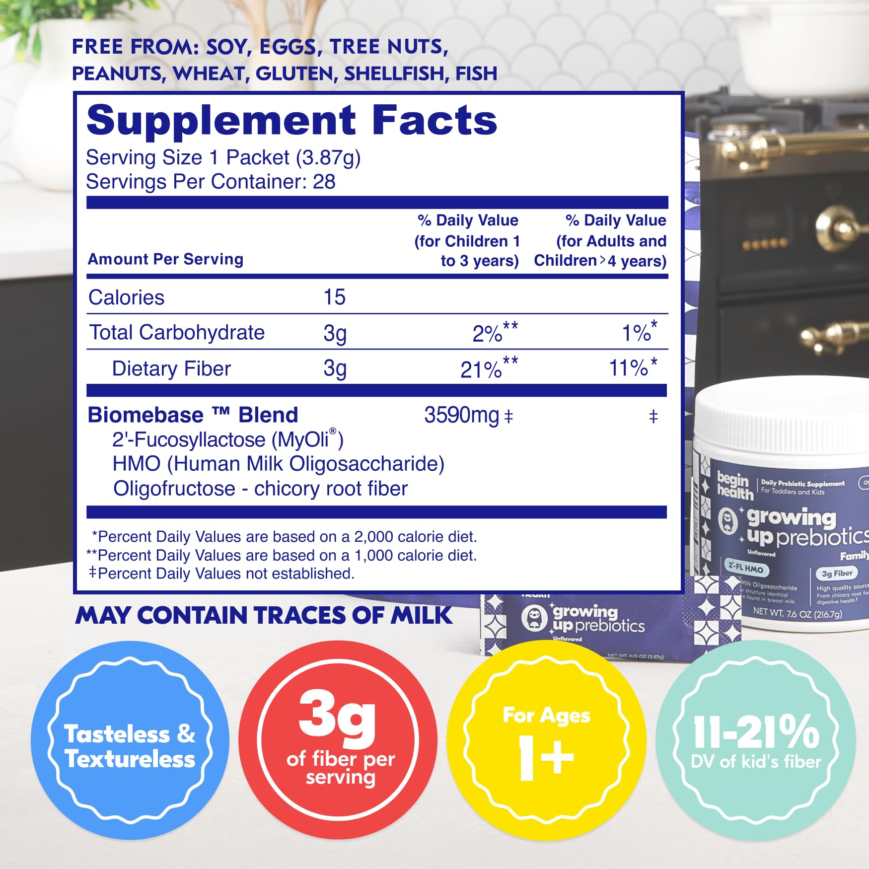Begin Health Growing Up Prebiotics powder-dispense shown blending into drinks