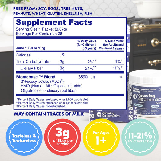 Begin Health Growing Up Prebiotics powder-dispense shown blending into drinks