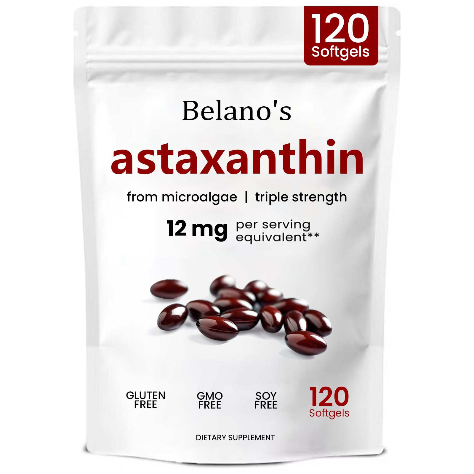 Belano's Astaxanthin softgels bottle showcases a premium antioxidant dietary supplement for daily wellness.