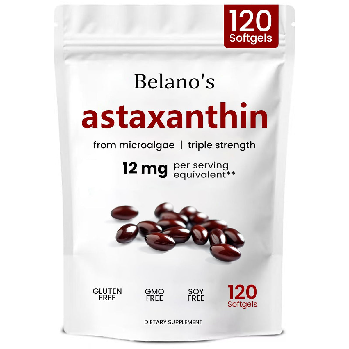 Belano's Astaxanthin softgels bottle showcases a premium antioxidant dietary supplement for daily wellness.