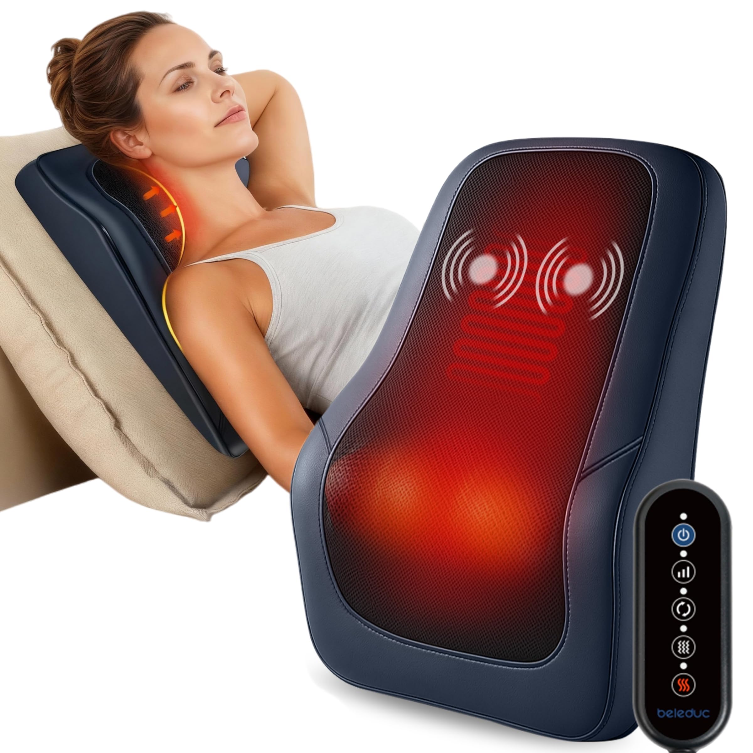 Beleduc back massager highlights deep kneading nodes for targeted neck and shoulder relief.