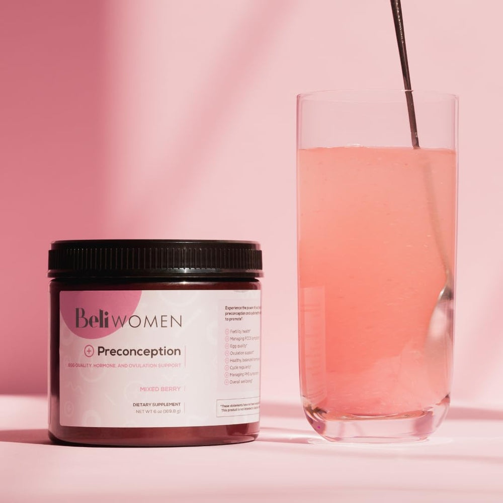 Beli preconception supplement bottle highlighting fertility-support ingredients.