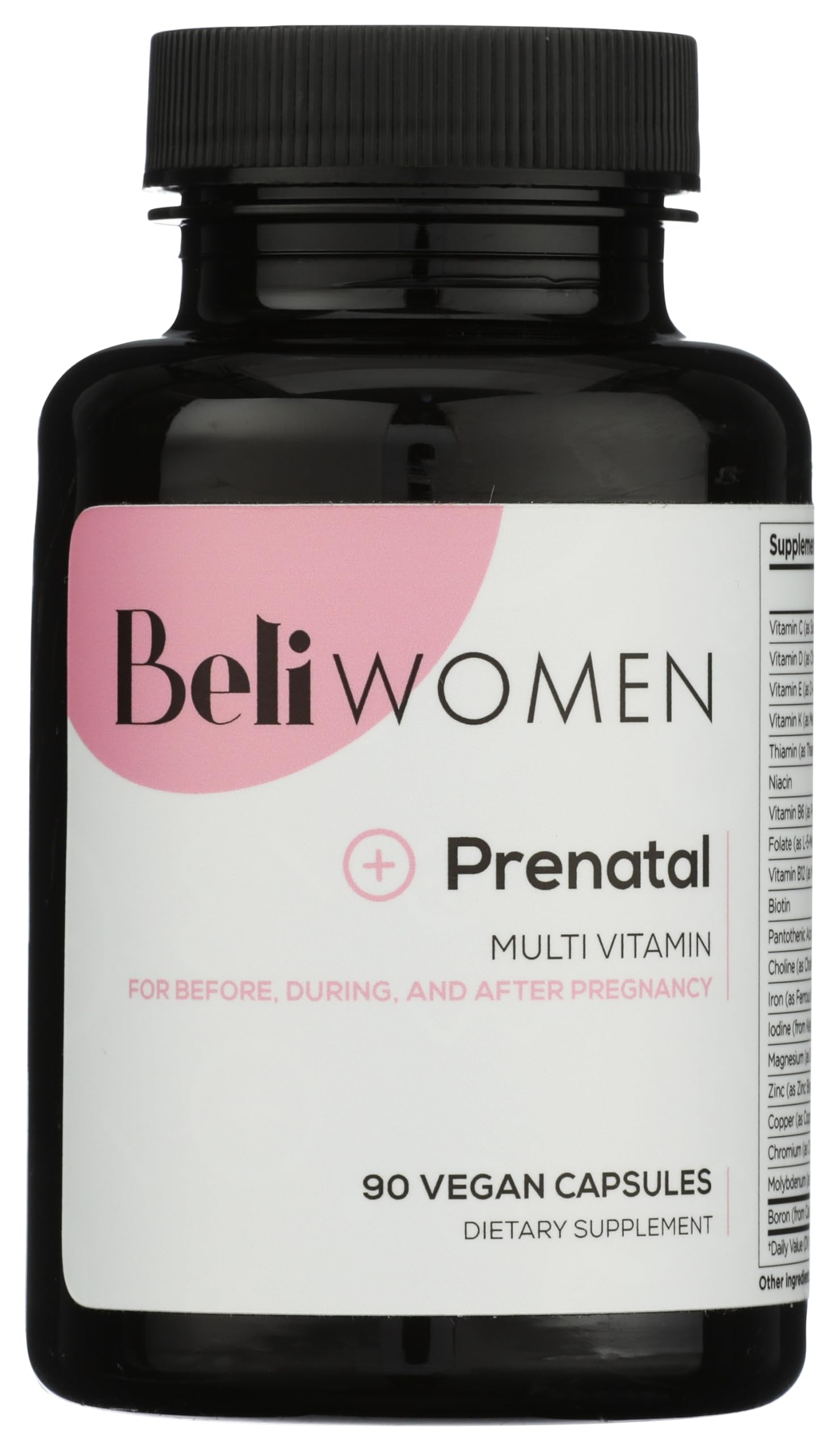 Beli Prenatal Multivitamin bottle with vegan capsules for all pregnancy stages.