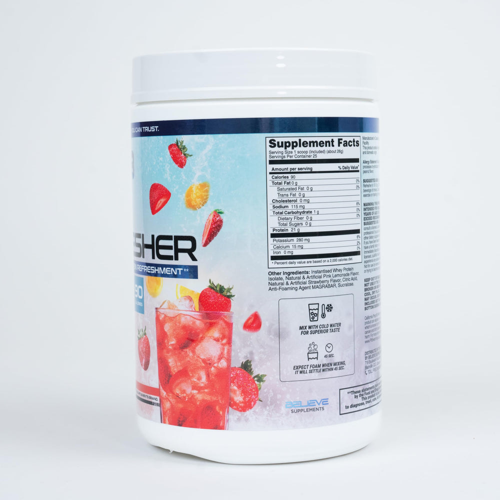 Believe Supplements Protein Refresher nutrition label emphasizes protein, electrolytes, and antioxidants.