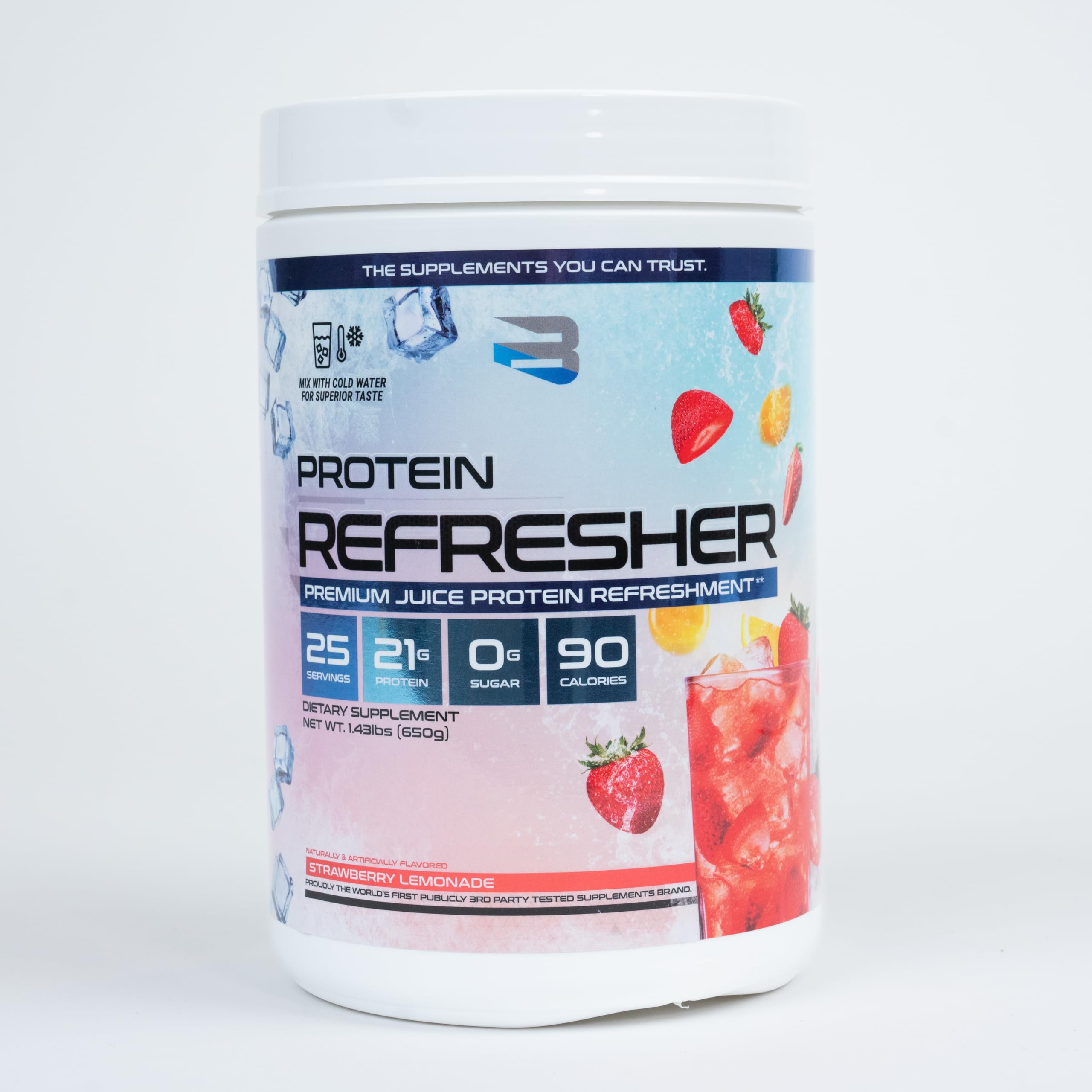 Believe Supplements Protein Refresher poured into glass highlights a refreshing thirst-quenching option.