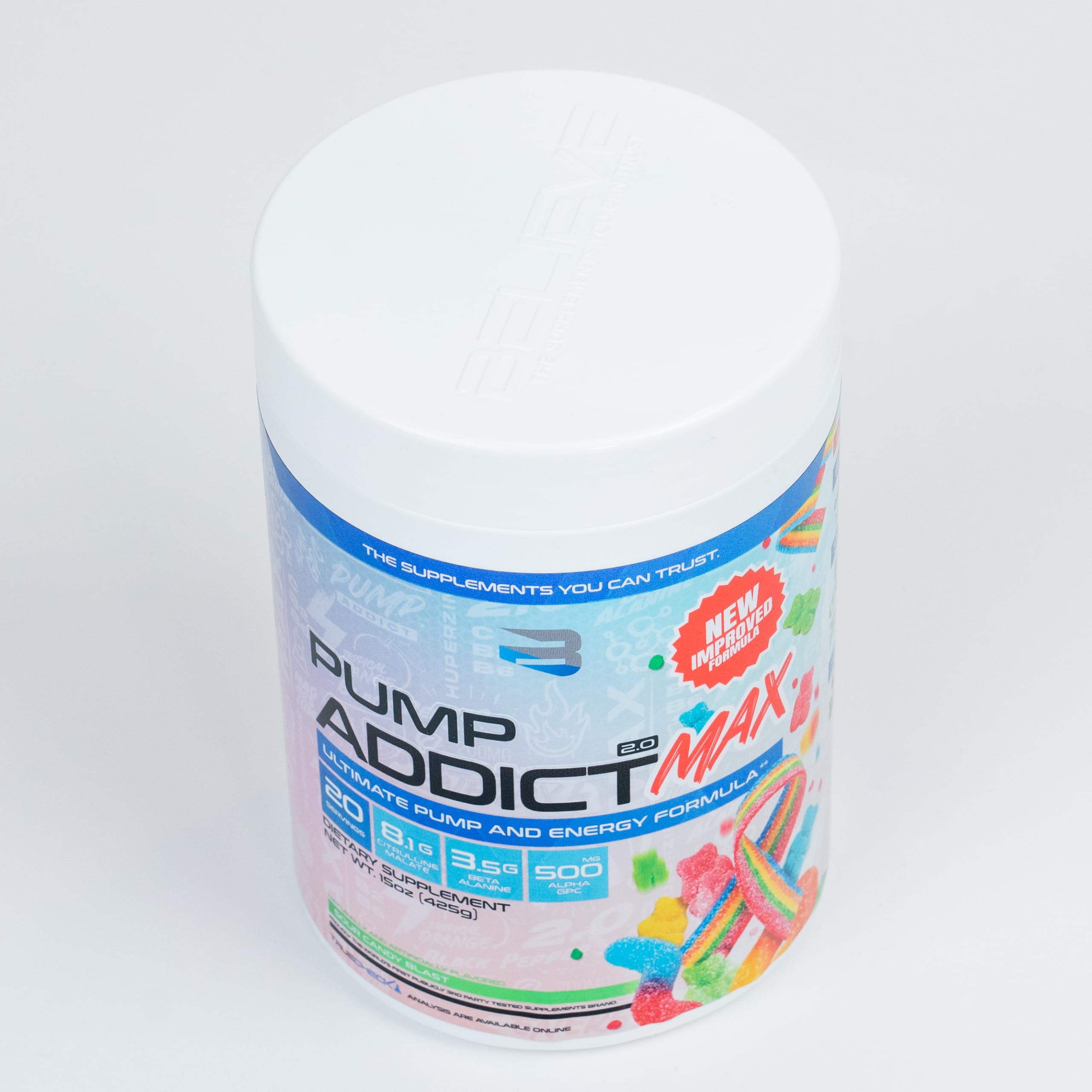 Believe Supplements Pump Addict Max flavor-sour-candy-blast delivers a tasty pre-workout ritual