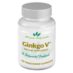 Beljanski Ginkgo V bottle with capsules illustrating a vegetarian, gluten-free supplement option.