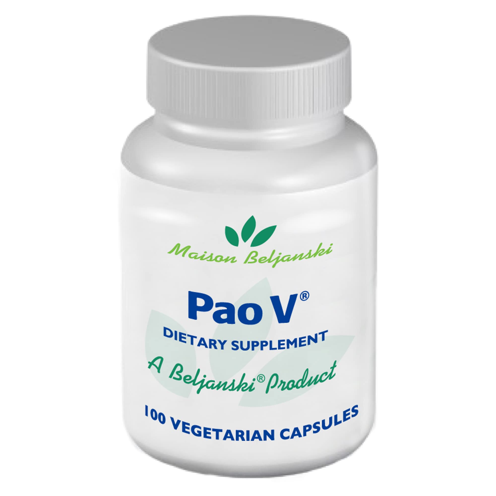 Beljanski Pao V bottle label with Pao Pereira extract for immune support.