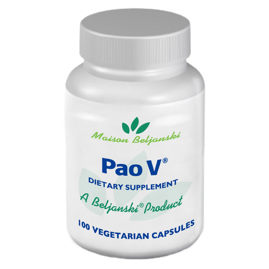 Beljanski Pao V bottle label with Pao Pereira extract for immune support.