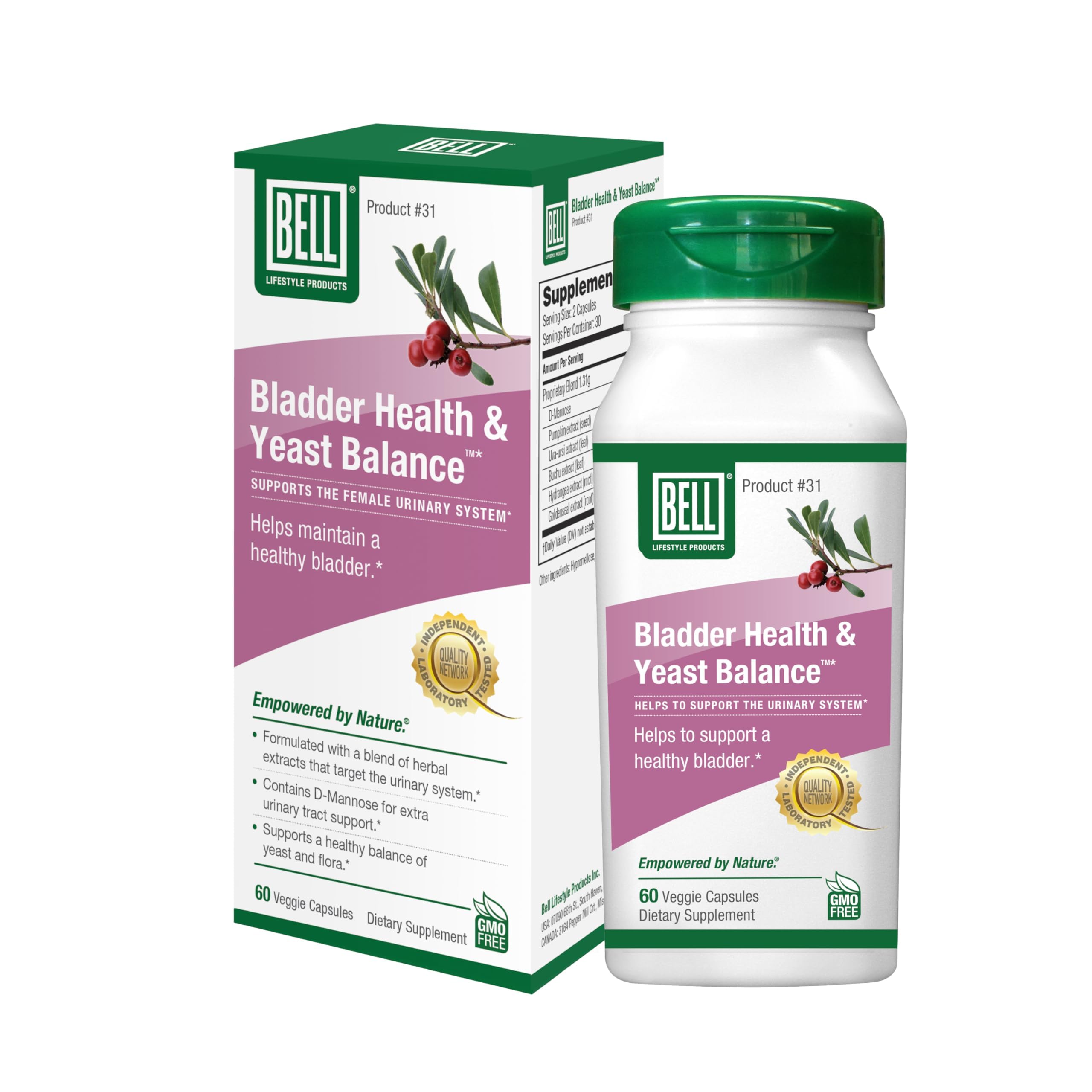 Bell Bladder Health & Yeast Balance bottle with capsules for daily urinary balance.