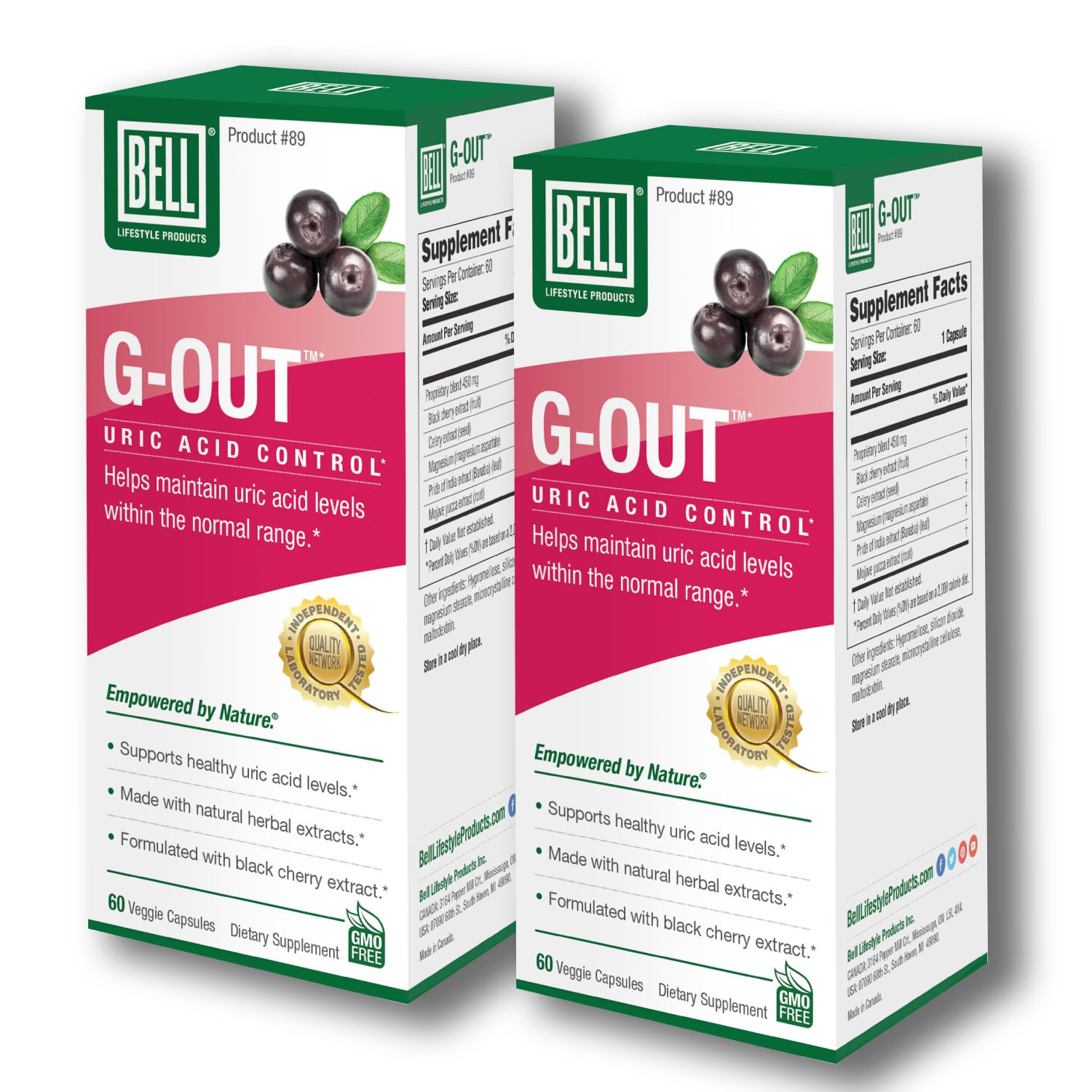 Bell G-Out Uric Acid Cleanse bottle pour showing daily dosing in a clear glass