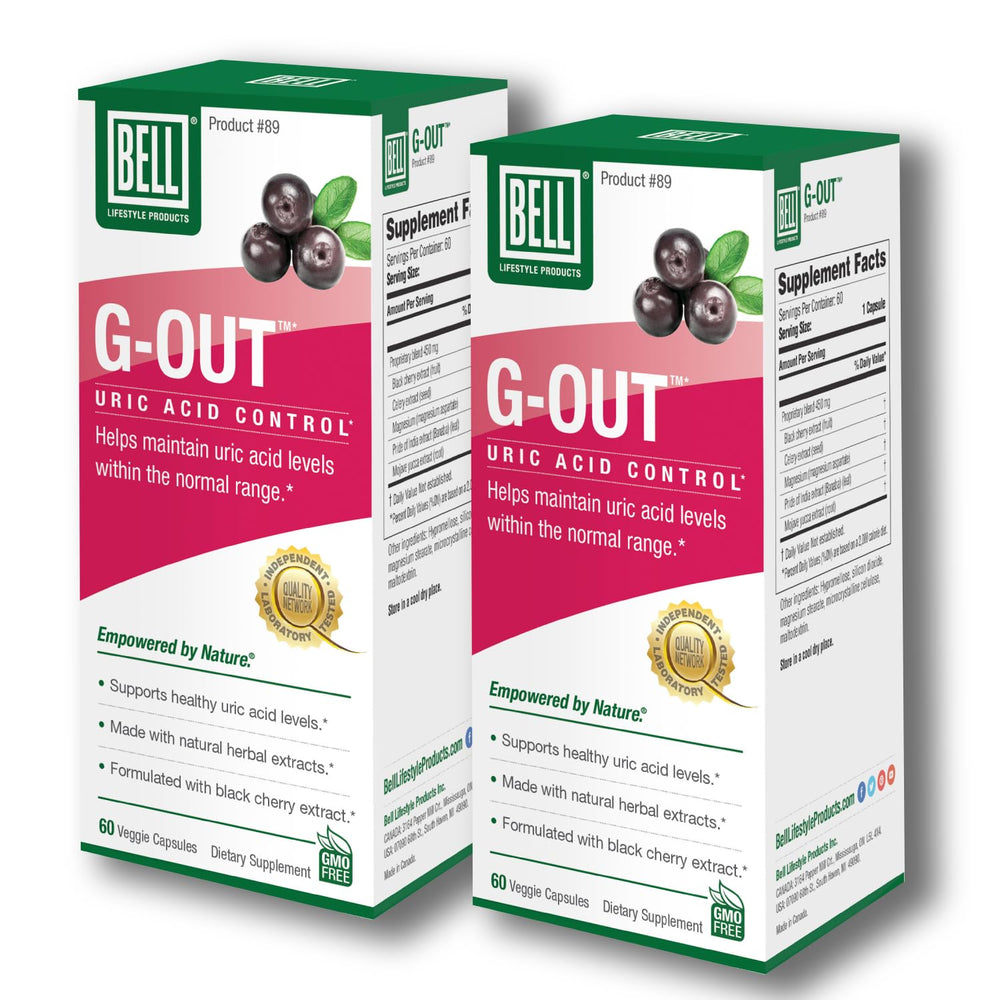 Bell G-Out Uric Acid Cleanse bottle pour showing daily dosing in a clear glass