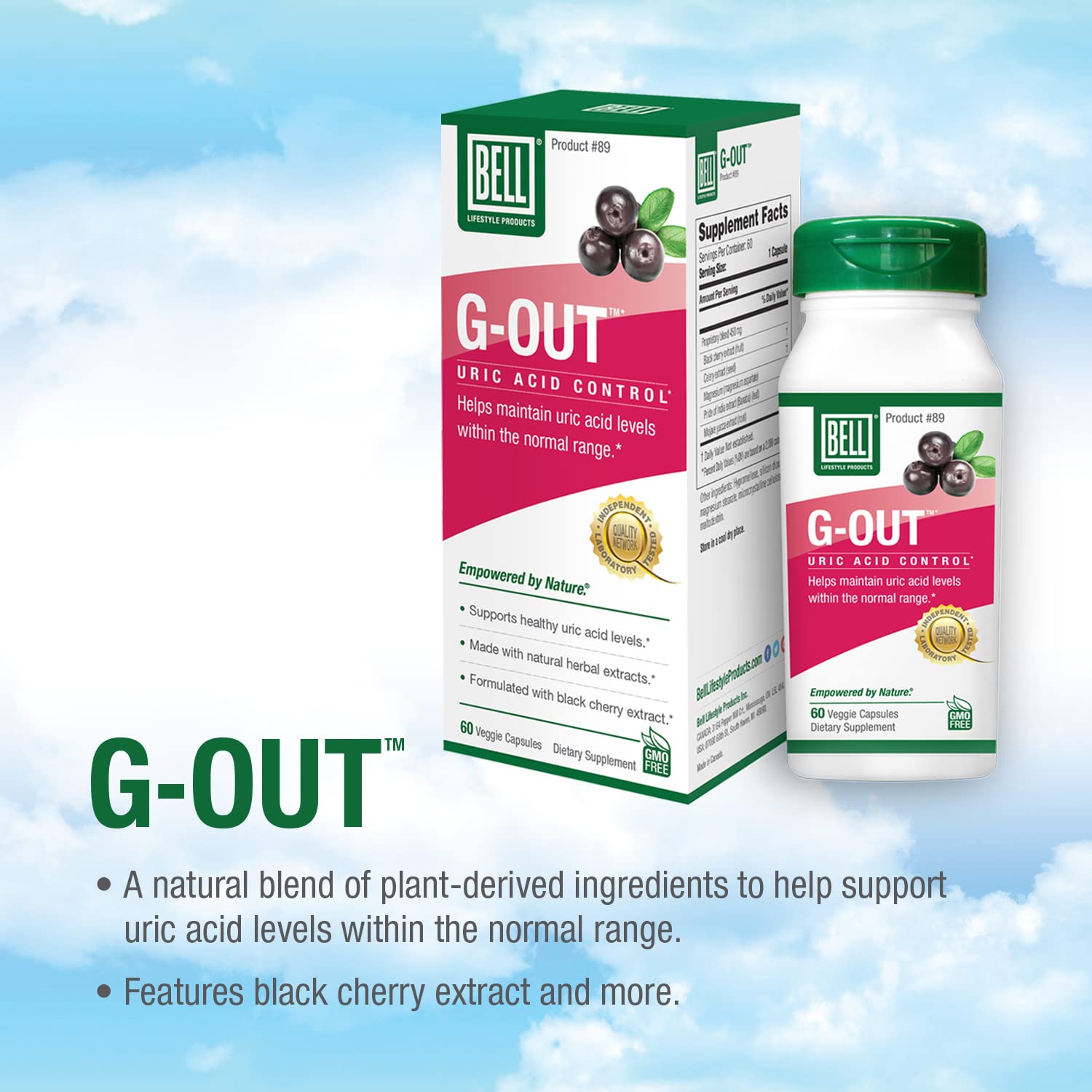 Bell G-Out capsules close-up highlighting natural herbal ingredients