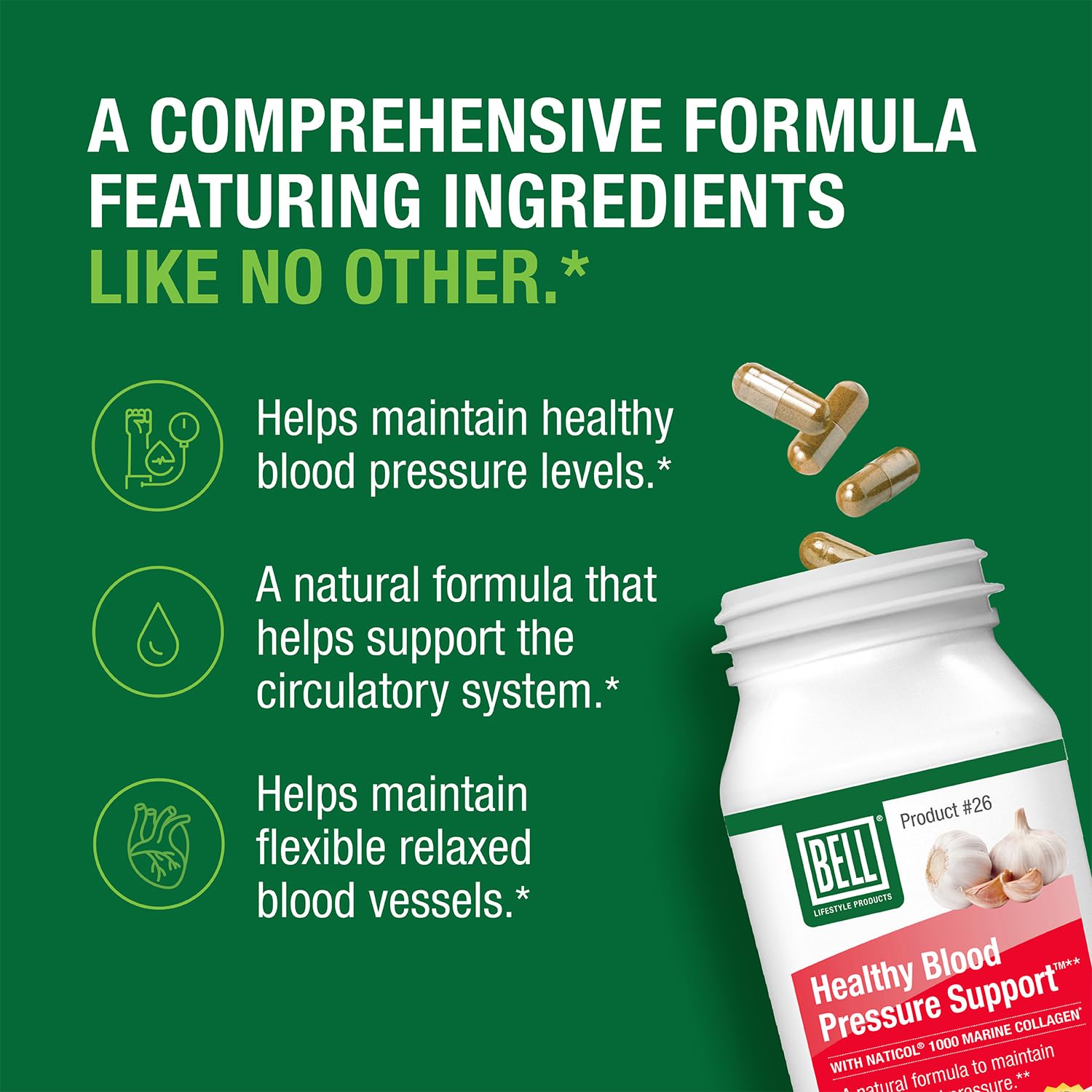 Bell Healthy Blood Pressure Support label on bottle shows transparency for informed choices.