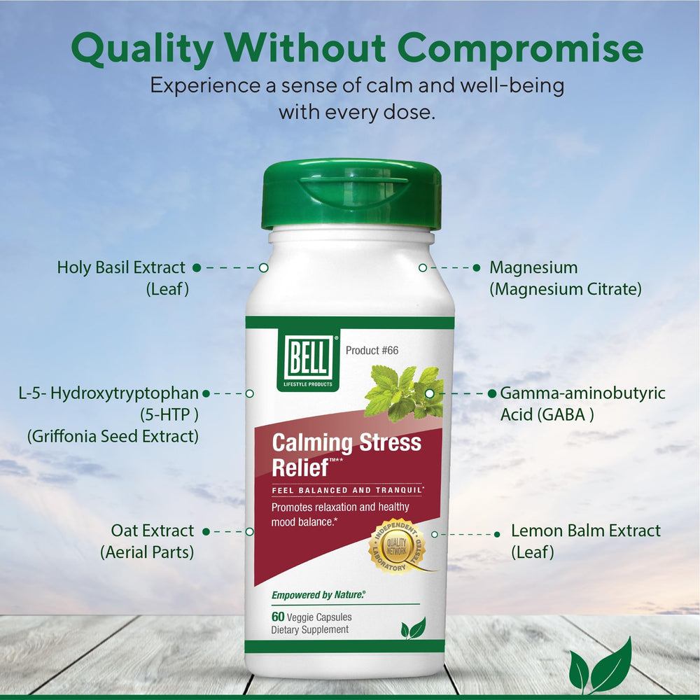 Bell Lifestyle Calming Stress Blend capsules in hand for easy daily relaxation