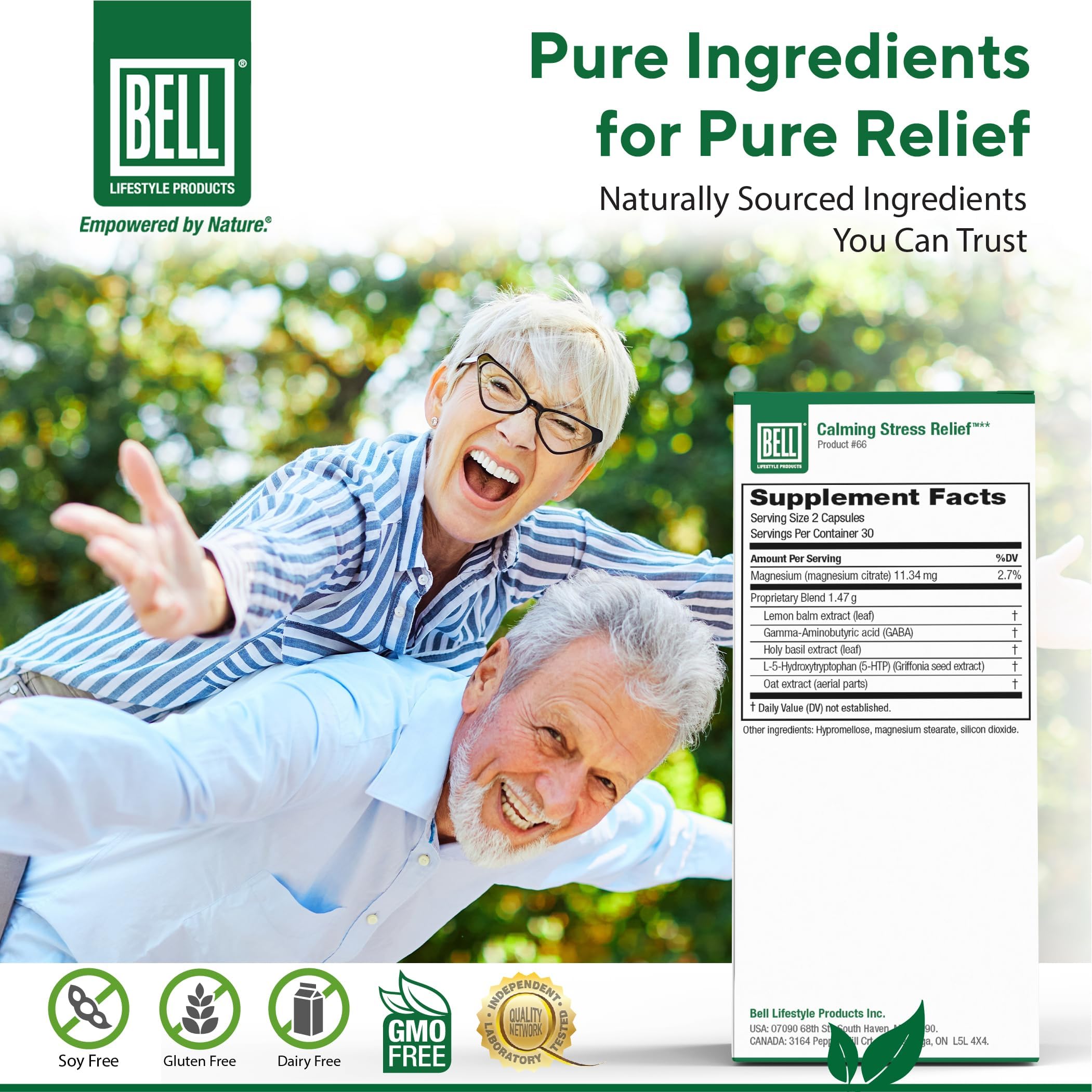Bell Lifestyle Calming Stress Blend label highlights natural ingredients for mood comfort