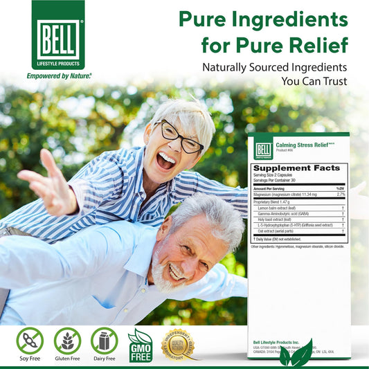 Bell Lifestyle Calming Stress Blend label highlights natural ingredients for mood comfort