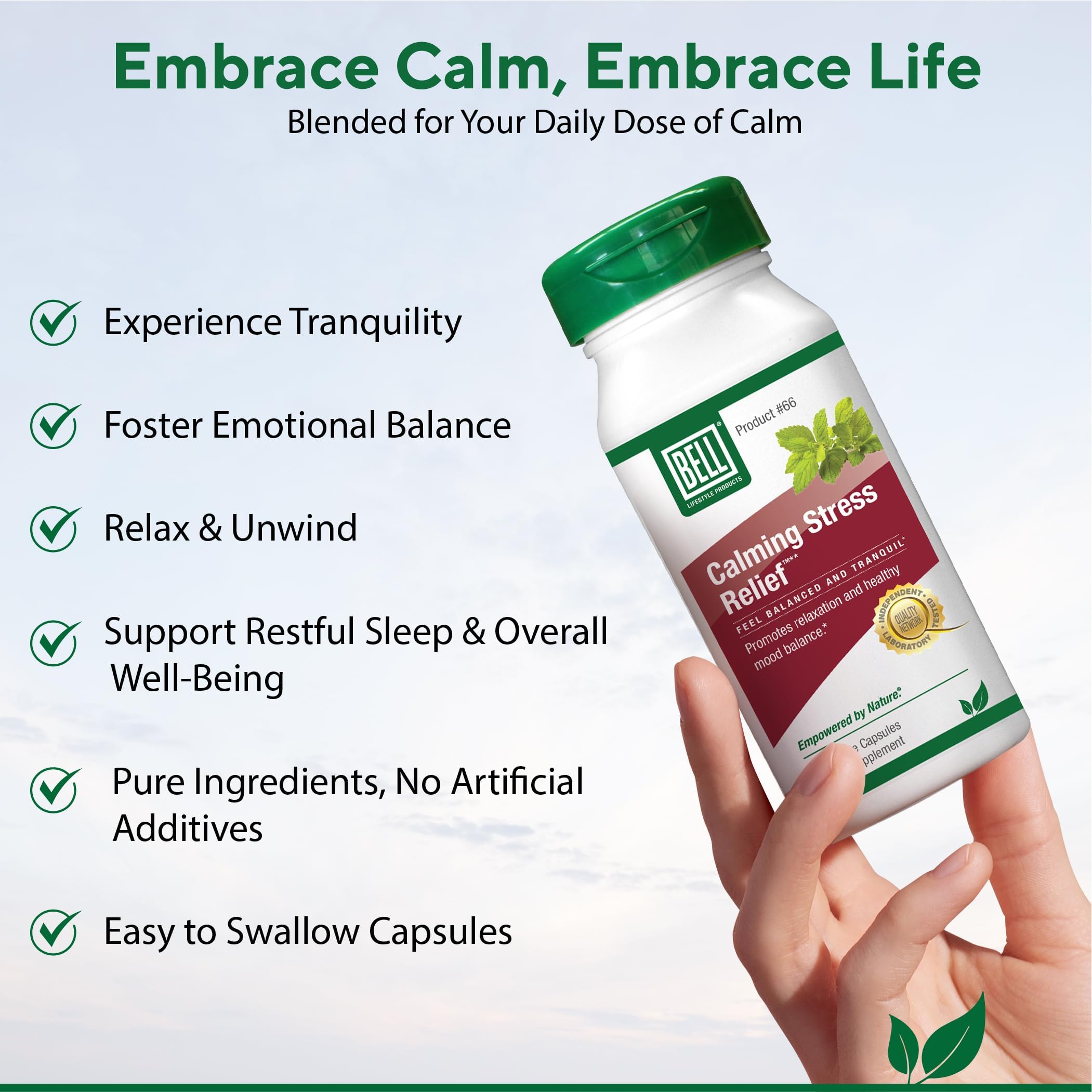 Bell Lifestyle Calming Stress Blend lemon balm leaf emphasizes soothing herbs